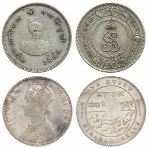 Ganga Singh portrait Rupee, VS 1944 (KM M1), Queen Victoria portrait Rupee, 1892 (KM 72). 
