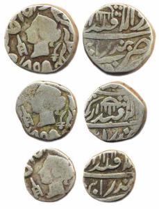 Rupee 1858, ½ Rupee and ¼ Rupee, all with the portrait of Queen Victoria (KM 18, 17, 16). 