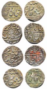 Sipri mint, Silver Rupees (4) in the name of Shah Alam II, year 17(2), 34, 46 (KM 207). Go