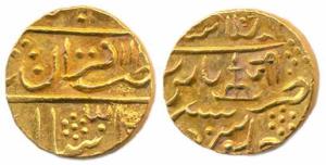 Jayaji Rao (AD 1843-1886), Gold, Mohur, in the name of Muhammad Shah, Lashkar Mint, initia