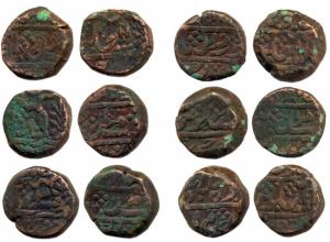 Copper Takka coins (6), in the name of Muhammad Akbar II, Sawai Jaipur (mint-name), years 