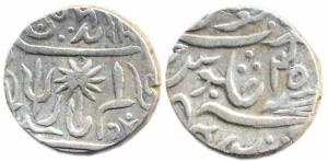 Panna, Silver Rupee in the name of Shah Alam II, Ry-35, interesting symbols and struck at 