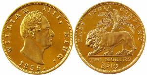 William IV, Gold, Proof Double Mohur, 1835, Calcutta Mint, R. S. incuse on truncation, RS 