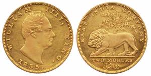 William IV, Gold, Proof Double Mohur, 1835, Calcutta Mint, R. S. incuse on truncation, RS 