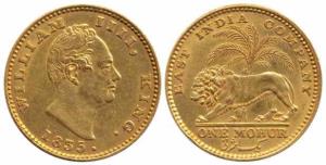 William IV, Gold, Mohur, 1835, Calcutta Mint, R. S. incuse on truncation (KM# 451.2; Pr# 9