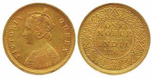 Queen Victoria, Gold, Mohur, 1862. About Very Fine, Rare.