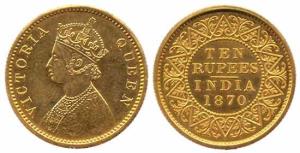 Queen Victoria, Gold, Rupees 10, 1870. Proof-like UNC, Rare in this condition.