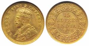George V, Gold, 15 Rupees, 1918. In NGC slab, graded as Mint State 63.