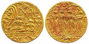 Temple Token, Gold, 11.3 g, four human figures on obv, and Ram Darbar on rev, early 20th c