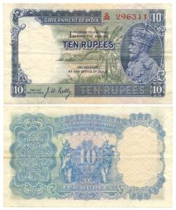 George V, Rupee 10, 3rd issue, 1933, signed J. W. Kelly (Jhun #8.2; KM# 16b). Very Fine.