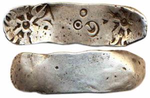 Punch-marked Coins, Gandhara Janapada, 6th century BC, Silver, Bent Bar, Shatamana, 11.3g,