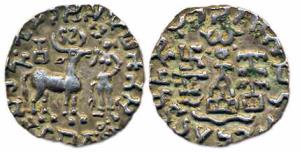 Kunindas Amoghabhuti, 1st century BC, Silver, Lakshmi and deer on obv with Brahmi legend a