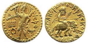 Kushanas, Stater. Huvishka diademed riding an elephant right, holding trident and goad. Re