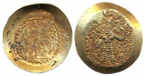 Kushano-Sassanian series, 4th century, broad scyphate Gold stater. Types of Vahran VI/VII.