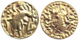 Post Gupta Coin of Samtata, Gold, Dinara, crude imitation of Gupta coins, Goddess on rev a