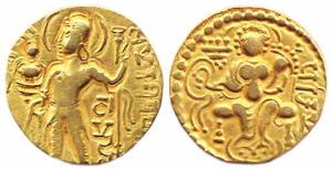 Guptas, Samudra Gupta, Gold Dinar, Standard type, Samudra in Brahmi below arm of king, rev