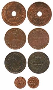Copper, ½ annas, 2 pcs. 1957 VS (KM# 35.3) & 1992VS (KM# 50), Kutch Adhio 2000 VS (Y#20), 