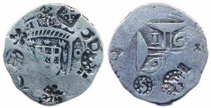 Diu, Xerafim, 169x. obv Crown arms between (D) O. Rev. Nemerals of date in angles of cross
