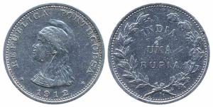 Portuguese Colony, Silver, Uma Rupia, 1912 (KM# 18). Very Fine, Scarce. 1911 dies used to 