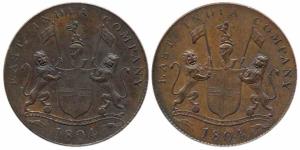 Copper, 2 Pice, 1804, obverse & reverse same as the obverse of 1804, Mule, axis at 6 o’clo