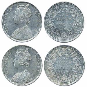 Queen Victoria, Silver Rupee, 1862, 2/0, 0/4, double impression on bust, Very Fine (2)