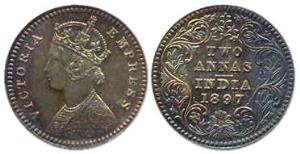 Queen Victoria, Silver, 2 Annas, Calcutta, 1897, (KM #488)