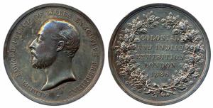 Colonial & Indian Exhibition, Silver Medal, Prince of Wales, by L. C. Wyon, 1886, obv: Bus