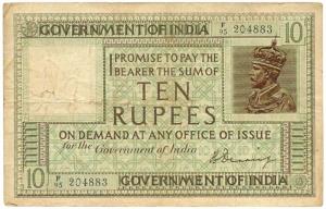 George V, Rupees 10, 2nd issue, 1933, signed H. Denning, (Jhun #7.1), washed, Fine