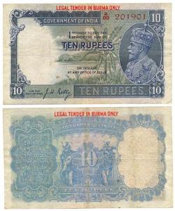 George V, Rupees 10, 3rd issue, 1933, signed J. W. Kelly, LEGAL TENDER IN BURMA ONLY, red 