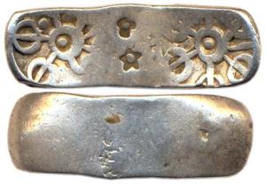 Punch-marked Coins, Gandhara Janapada, Silver, Bent Bar, small dumpy, mid-sized bar with t