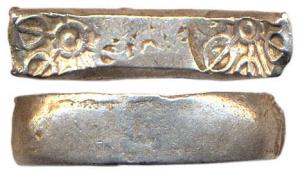 Punch-marked Coins, Gandhara Janapada, 6th century BC, Silver, Bent Bar, usual two symbol 