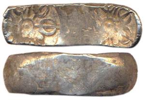 Punch-marked Coins, Gandhara Janapada, 6th century BC, Silver, Bent Bar, usual two symbol 