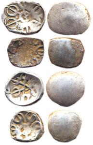 Punch-marked Coins, Gandhara Janapada, Silver (4), 1.2 g each. Single symbol type, scyphat