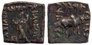 Indo-Greeks, Philoxenus (c. 100-95 BC), Copper, Square, 7.70 g, City-Goddess standing to l