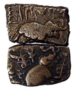 Satavahanas, Satakarni, Copper (2), 3.2 & 4 g, elephant on obv and an ornate Ujjayini symb