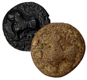 Satavahanas, Satakarni, Potin (2), and Shiva Siri Satakarni, Lead (1), Junnar-Lion type. F
