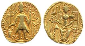Later Kushanas, Vasu, Gold, Dinar, Vasu in Brahmi, issued during the reigns of 'Vasu and C