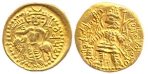 Later Kushanas, Vasudeva (II), Gold, Dinar, crude execution of the king at an altar-fabric