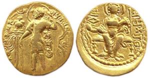 Guptas, Samudragupta, Gold, Dinar, Archer type, king standing in a Royal posture holding a