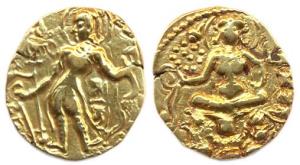 Guptas, Chandragupta II, Gold, Dinara, heavy weight 9.2 g, Archer type with Goddess Lakshm