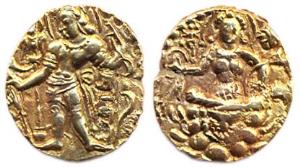 Guptas, Chandragupta II, Gold, Dinara, Archer type, king standing and holding a bow in lef