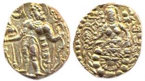 Guptas, Chandragupta II, Gold, Dinar, Archer type, king standing left holding a bow and an
