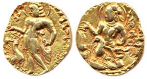 Guptas, Kumaragupta I, Gold, Dinara, Kartikeya type, rev. Mahendrakumar (the King) seated 