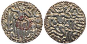 Cholas, Raja Raja I, Debased Gold, Kahavanu, king standing to right on obv; seated king wi
