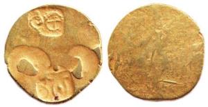 Shilaharas of Kolhapur, Gold, Panda Tanka, Shankha and Chakra type, usual shallow impressi