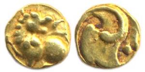 Kadambas of Goa, Gold, Fanam, a lion with upraised leg, looking back and facing left on ob