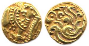 Western Gangas, Gold, Elephant Pagoda, 11th century , an ornate elephant standing to right