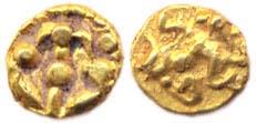 Shilva Fanam, Gold, a long beaked Garuda facing right and seated on obv; trident-like symb