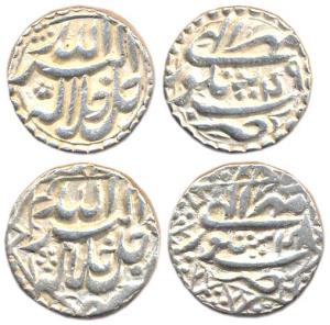 Akbar, Silver (2), Sitpur (Siddhpur) Mint, Allahu Akbar type, Ilahi 48 and 49, Mihr Month.