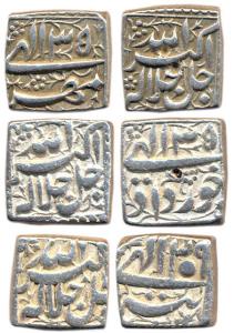 Akbar, Silver (3), Rupee, Square, Mintless type, Ilahi 35, 35 and 39. Some test marks on f